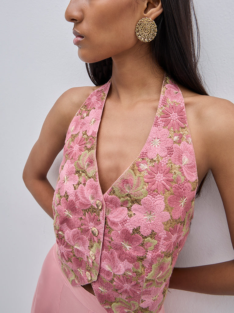 Vark Pink Floral Embroidered Halter Neck Top - Image 2
