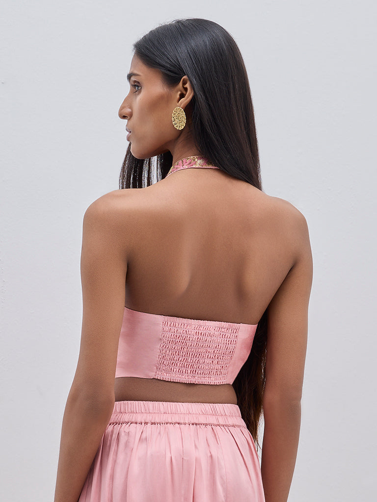 Vark Pink Floral Embroidered Halter Neck Top - Image 4