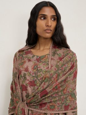 Zuba Dark Brown Floral Printed Cotton-Blend Dupatta