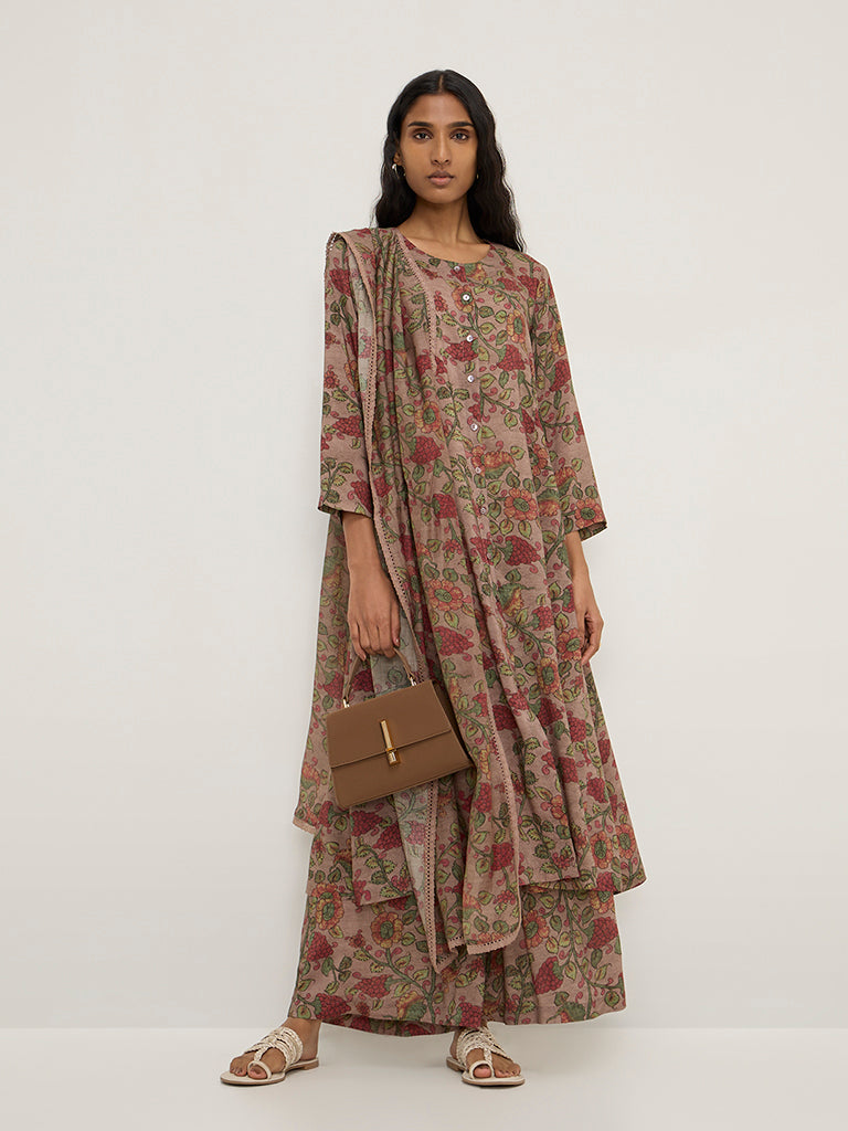 Zuba Dark Brown Floral Printed Cotton-Blend Dupatta - Image 2