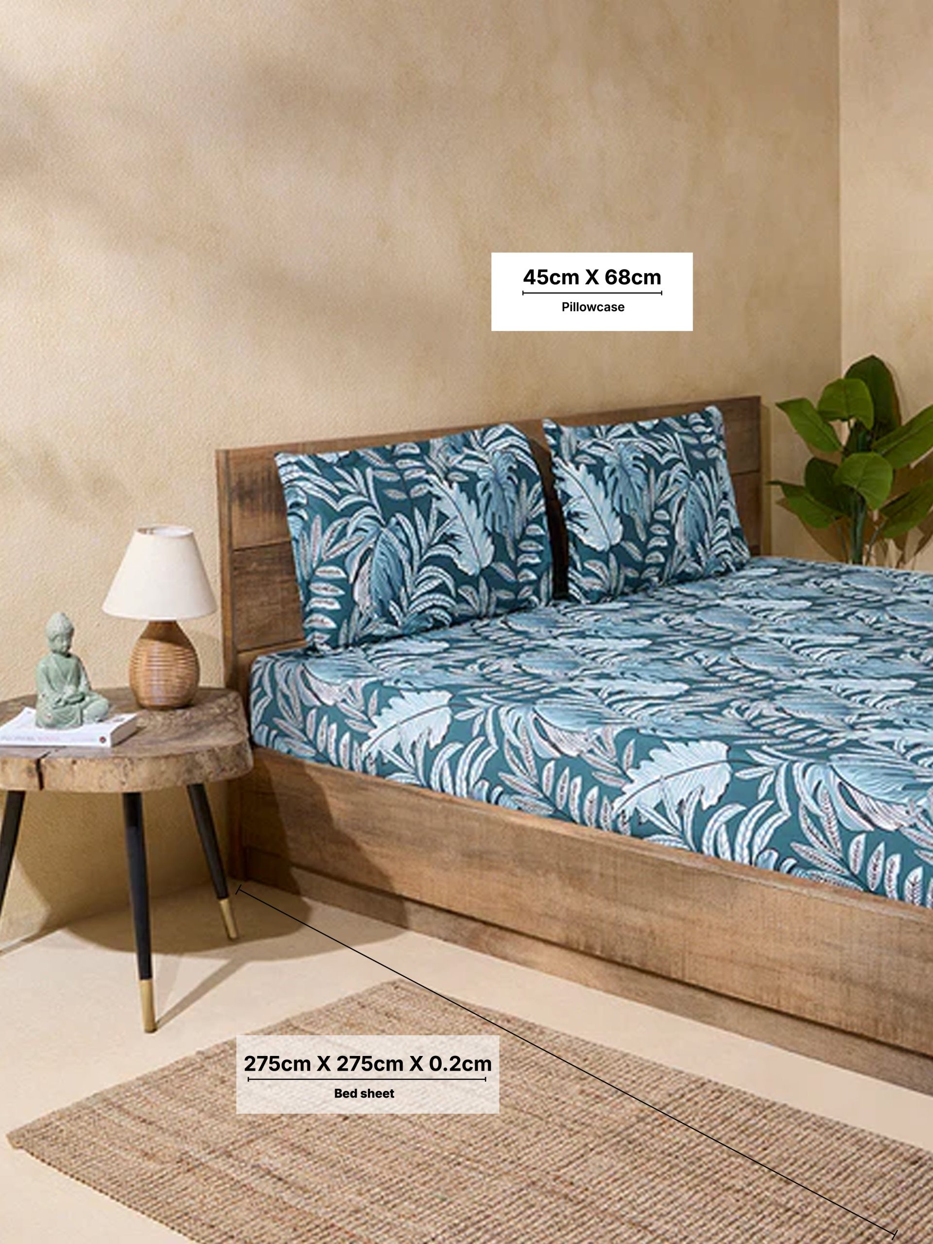 Westside Home Teal Leaf Design King Bed Flat Sheet and Pillowcase Set - Image 4