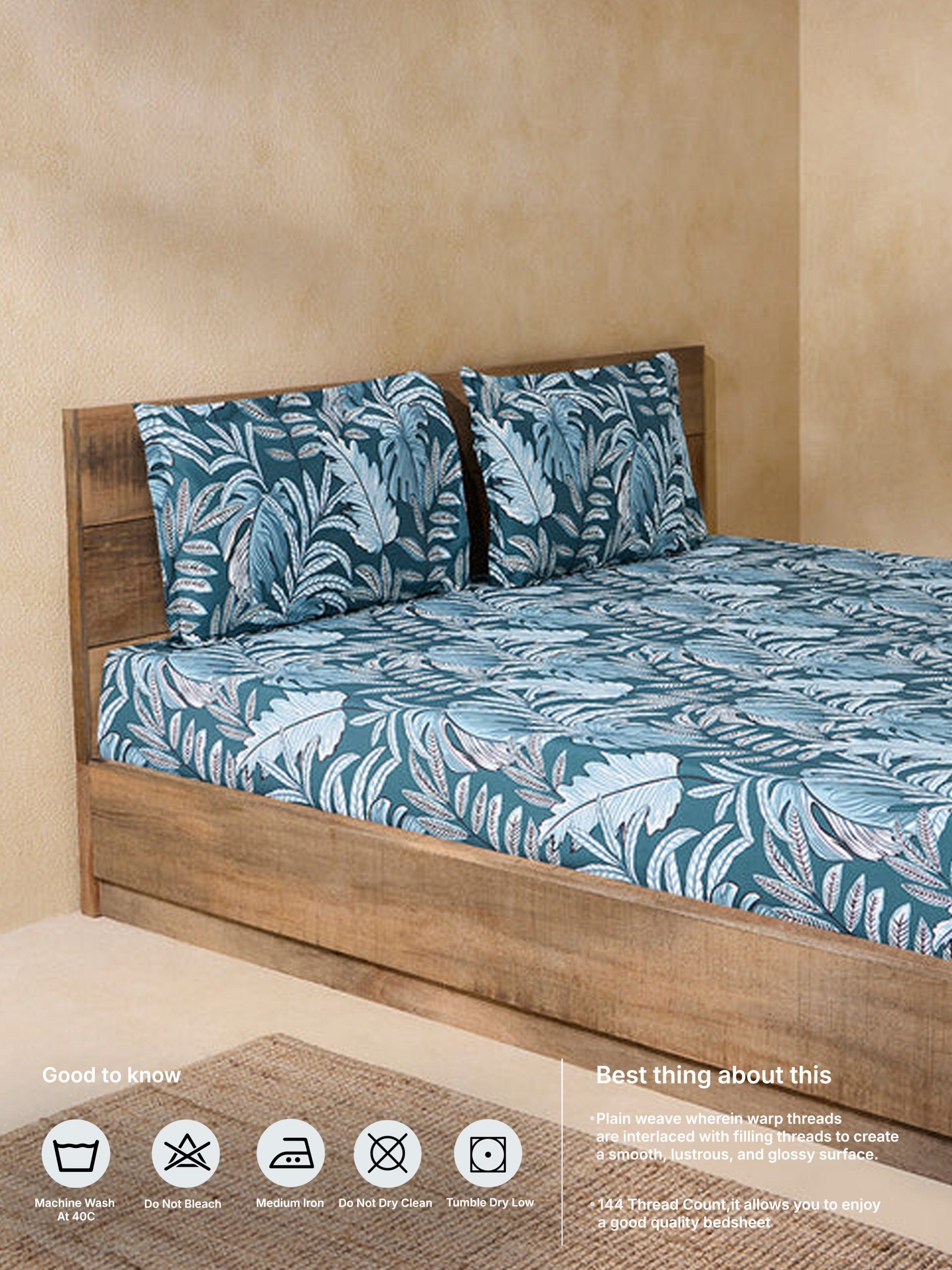 Westside Home Teal Leaf Design King Bed Flat Sheet and Pillowcase Set - Image 5