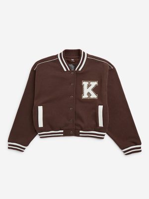 Y&F Kids Brown Applique-Detailed Cotton-Blend Varsity Jacket
