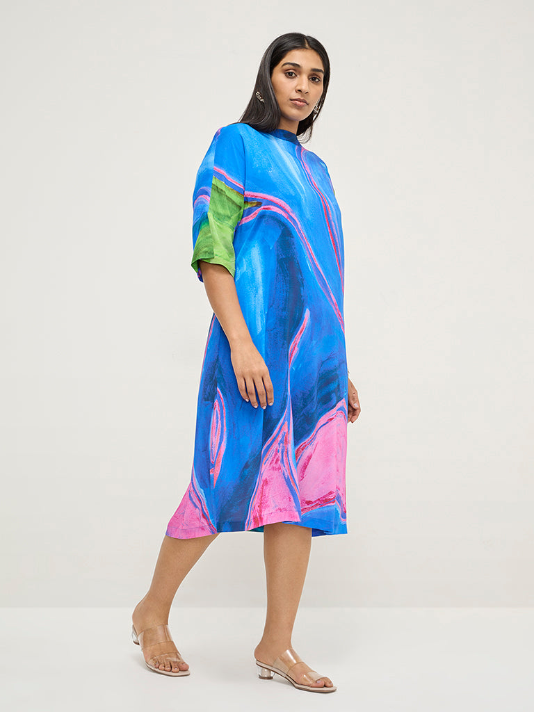 Diza Blue Abstract Printed A-Line Dress