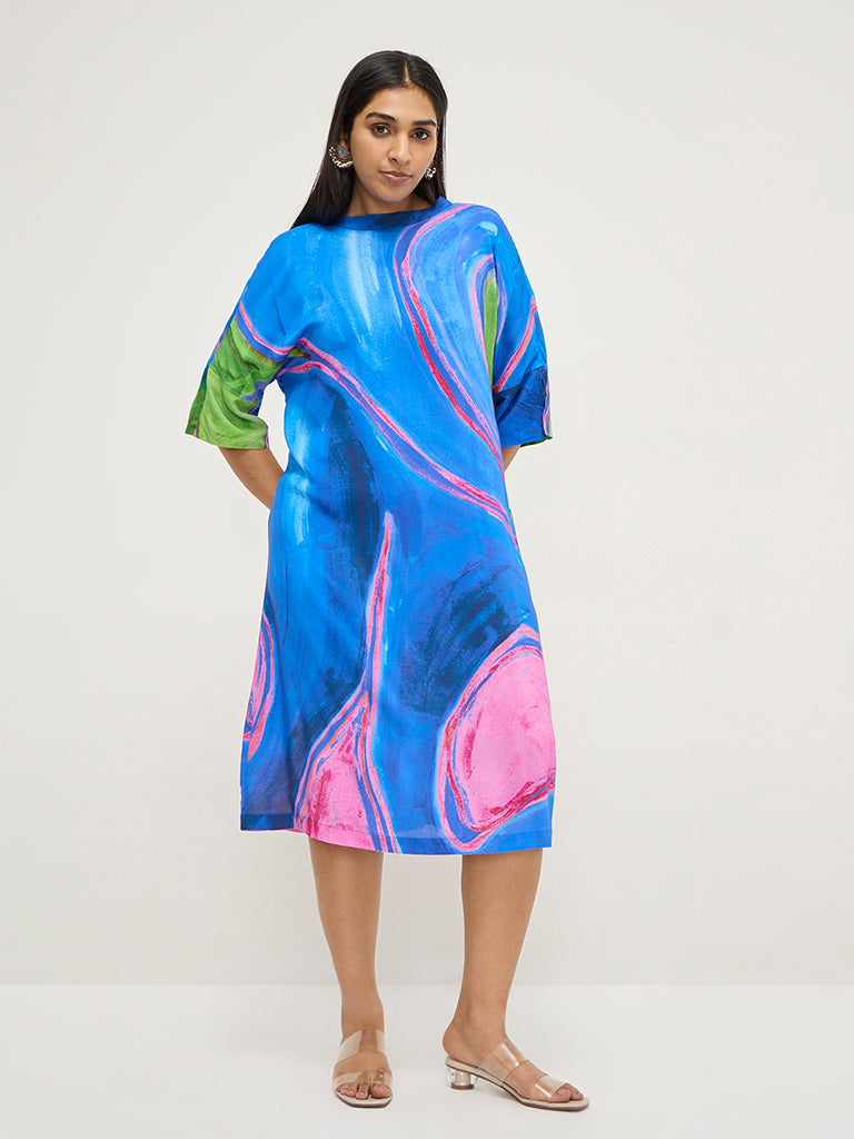 Diza Blue Abstract Printed A-Line Dress - Image 2