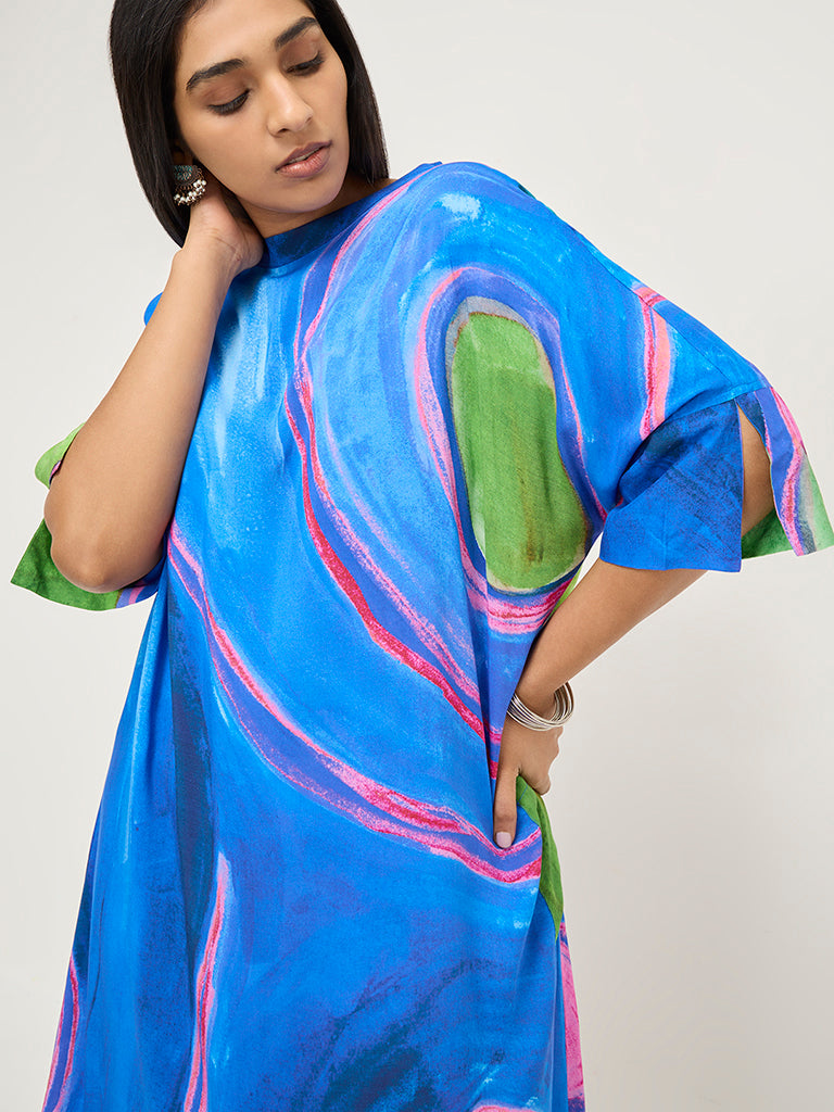 Diza Blue Abstract Printed A-Line Dress - Image 3