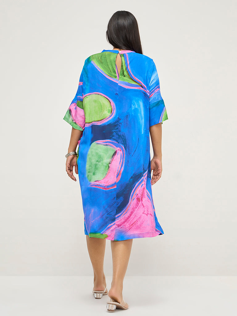 Diza Blue Abstract Printed A-Line Dress - Image 4