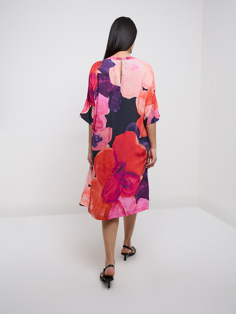 Diza Multicolour Floral Printed A-Line Dress - Image 4
