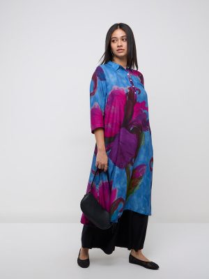 Diza Blue Floral Printed A-Line Kurta