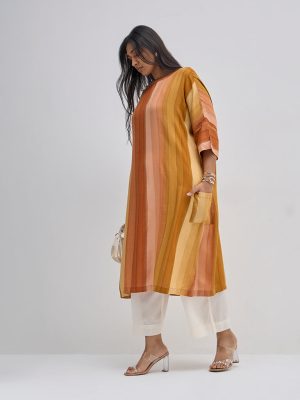 Diza Orange Striped Straight Kurta