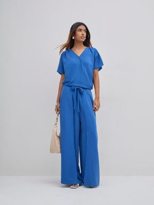 LOV Blue Crinkled High-Rise Pants