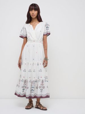 Bombay Paisley White Floral Embroidered Cotton Tiered Dress