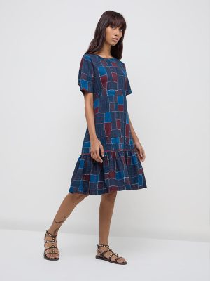 Bombay Paisley Navy Geometric Cotton-Blend Drop-Waist Dress