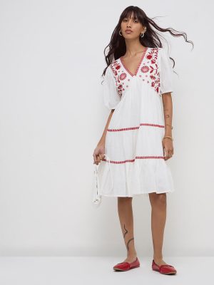 Bombay Paisley Off-White Embroidered Cotton Tiered Dress