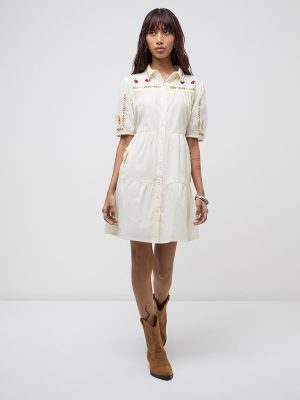 Bombay Paisley Off-White Embroidered Cotton Shirt Dress