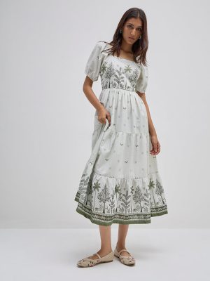 Bombay Paisley Off-White Foliage Design Cotton Tiered Dress