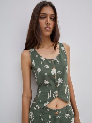 Bombay Paisley Olive Waistcoat-Style Cotton-Blend Top