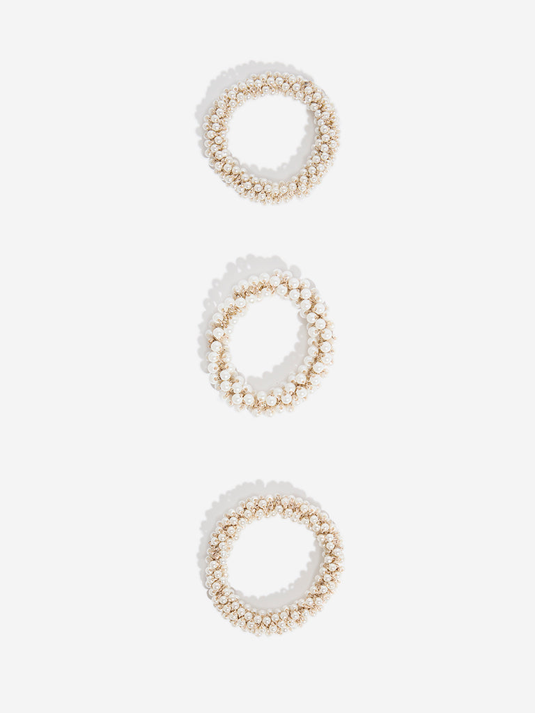 Westside Accessories Ivory Pearl Embellished Scrunchies - Pack of 3