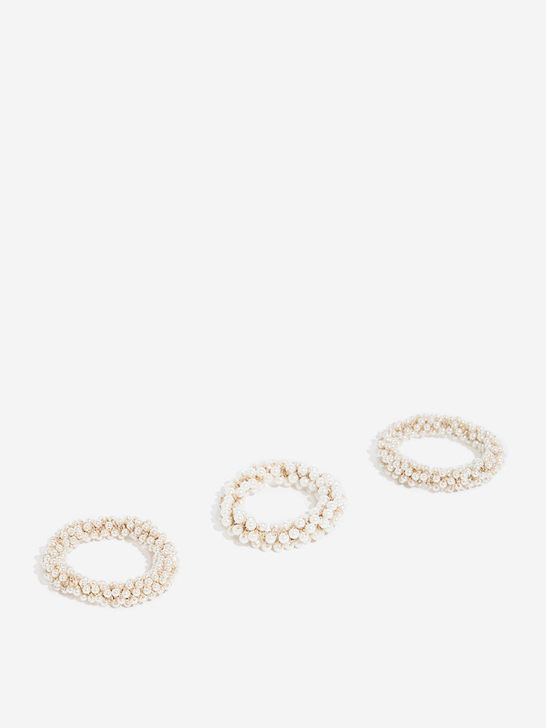 Westside Accessories Ivory Pearl Embellished Scrunchies - Pack of 3 - Image 2