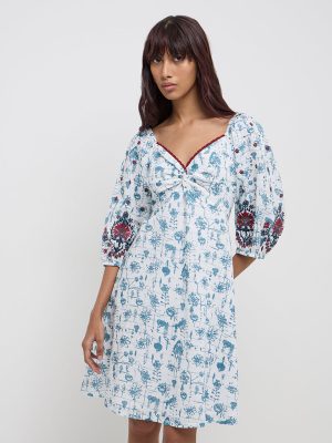 Bombay Paisley Blue Floral Embroidered Cotton A-Line Dress