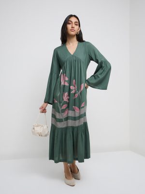 Utsa Green Bandhani Floral Tiered Dress