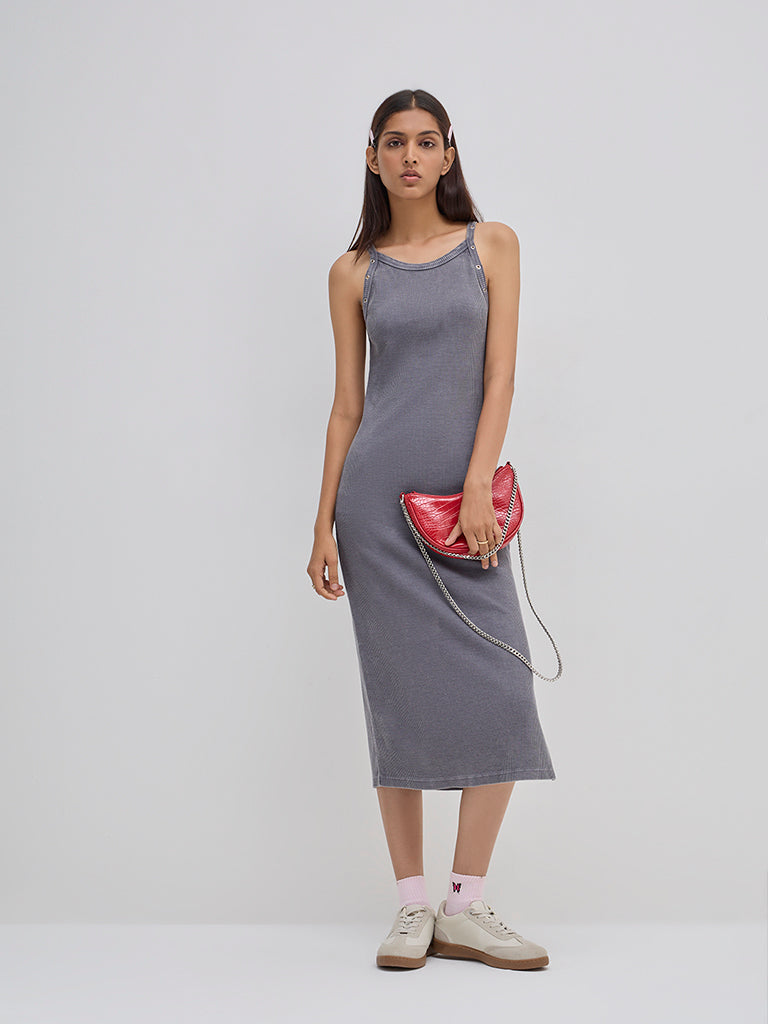 Nuon Grey Ribbed Textured Cotton Bodycon Dress - Image 3