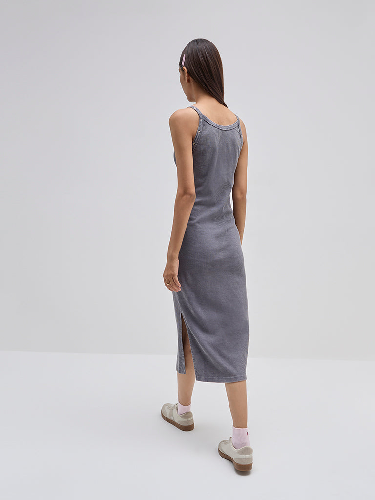 Nuon Grey Ribbed Textured Cotton Bodycon Dress - Image 4