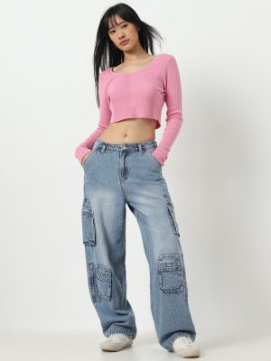 Nuon Blue Washed Relaxed-Fit High-Rise Cargo Jeans