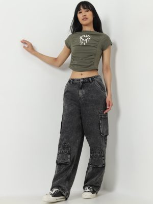 Nuon Grey Relaxed-Fit High-Rise Denim Cargo Jeans