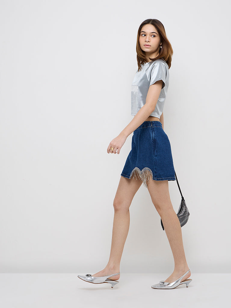 Nuon Blue Diamante Embellished High-Rise Cotton Skirt