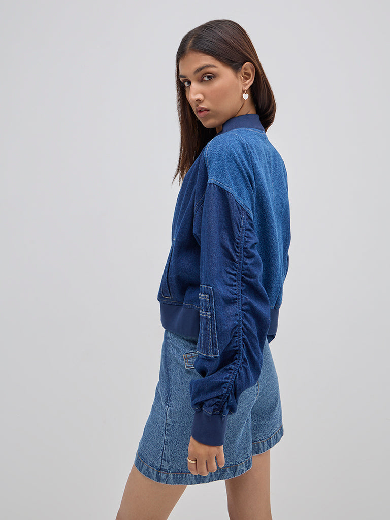 Nuon Dark Blue Colour-Blocked Denim Jacket - Image 4