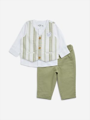 HOP Baby Olive Striped Cotton Shirt. Waistcoat and Pants Set