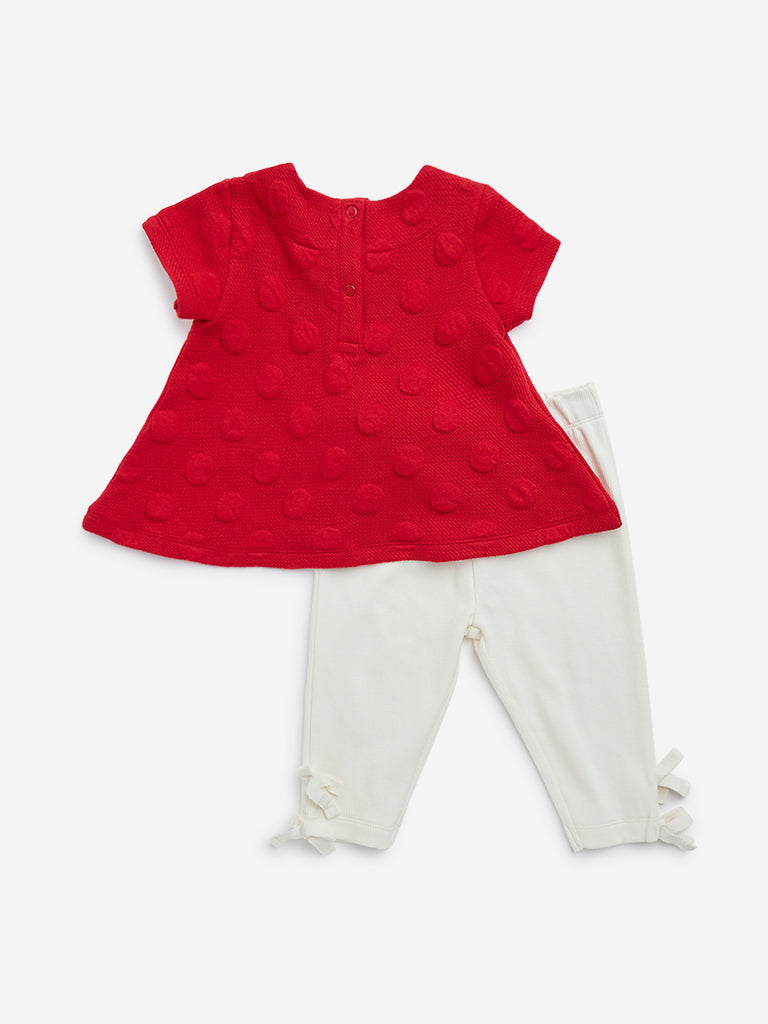 HOP Baby Red Polka Dotted Top and Mid-Rise Pants Set - Image 2
