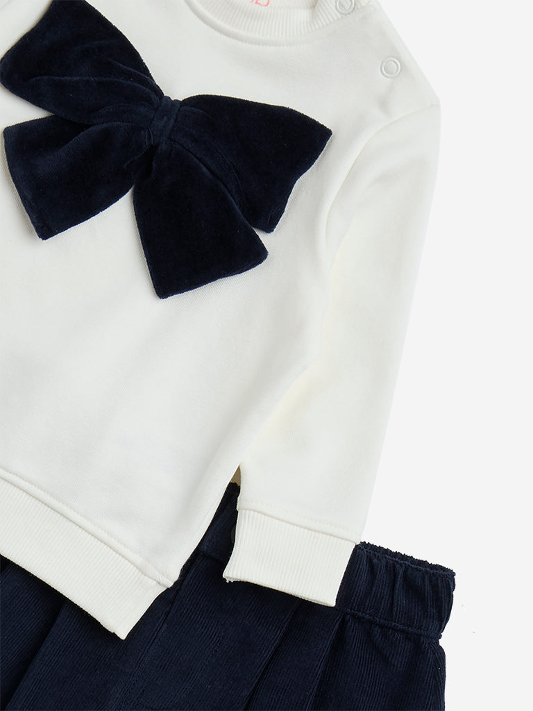HOP Baby Navy Ribbon-Design Cotton-Blend Sweatshirt and Skirt Set - Image 3