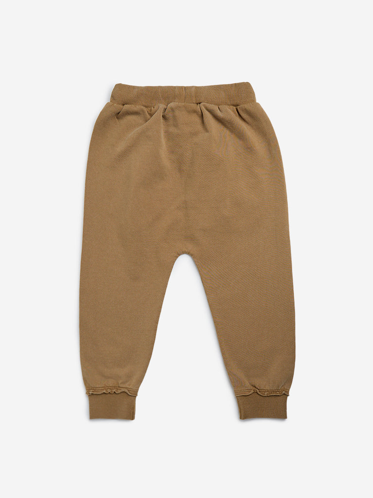 HOP Kids Brown Text Printed Mid-Rise Cotton Joggers - Image 2