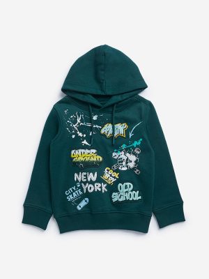 HOP Kids Dark Green Text Design Cotton-Blend Sweatshirt