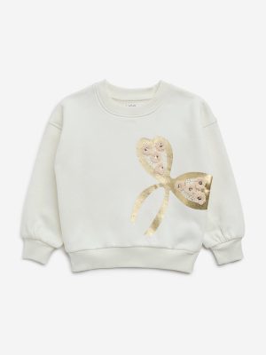 HOP Kids Off-White Bow Design Cotton-Blend Sweatshirt