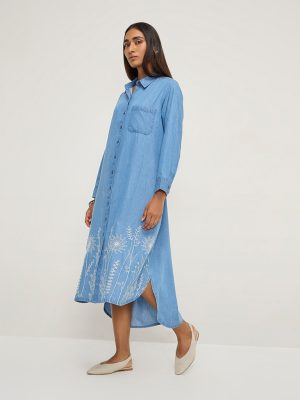Utsa Blue Floral Embroidered Denim Shirt Dress