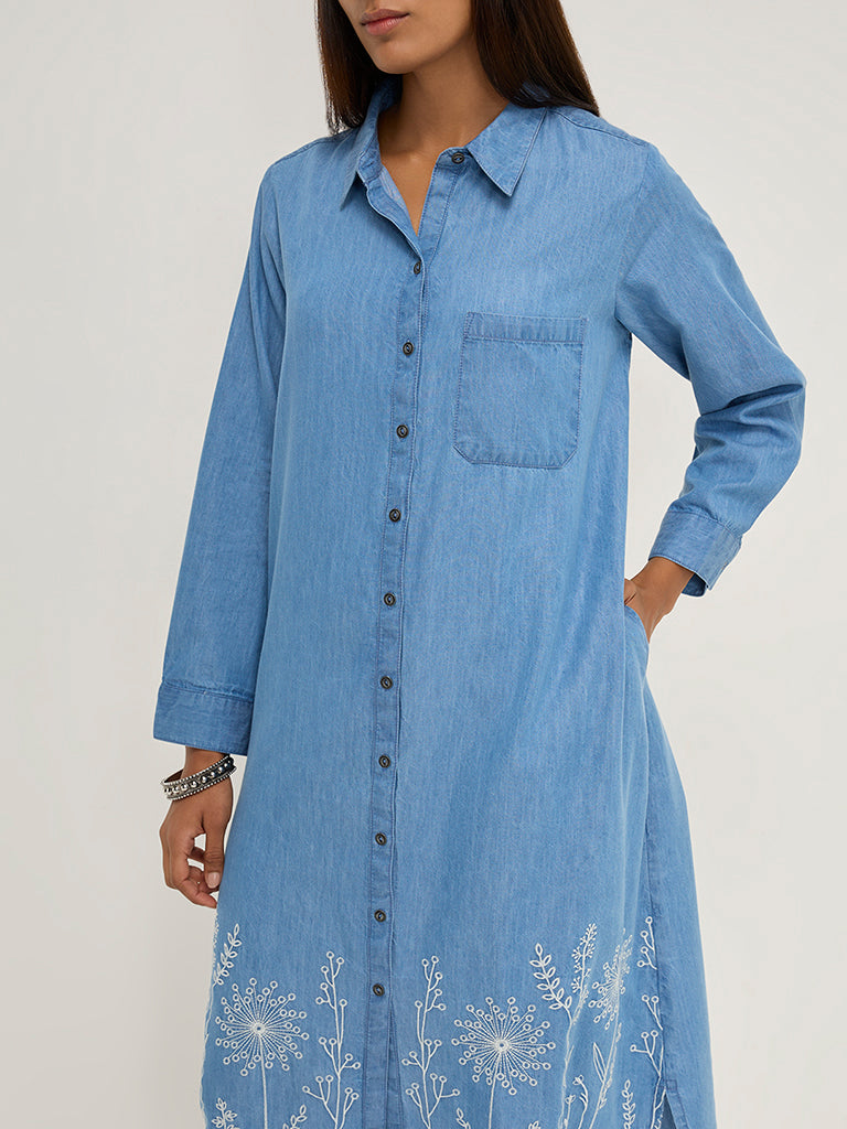 Utsa Blue Floral Embroidered Denim Shirt Dress - Image 2