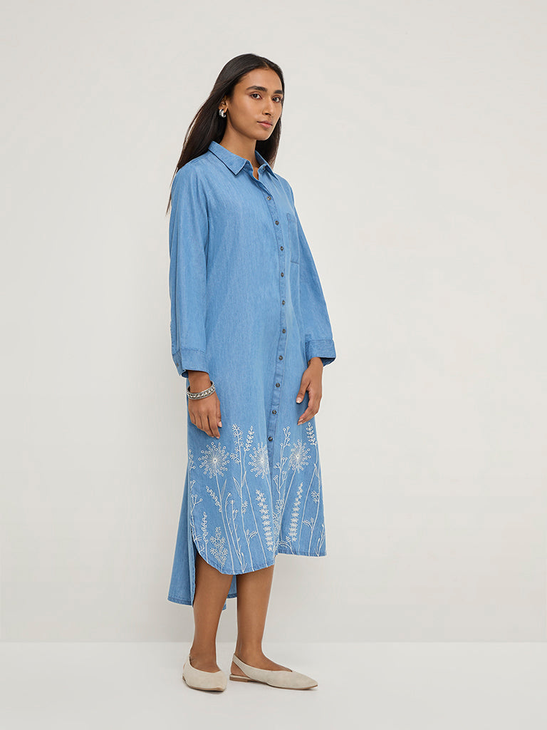Utsa Blue Floral Embroidered Denim Shirt Dress - Image 3