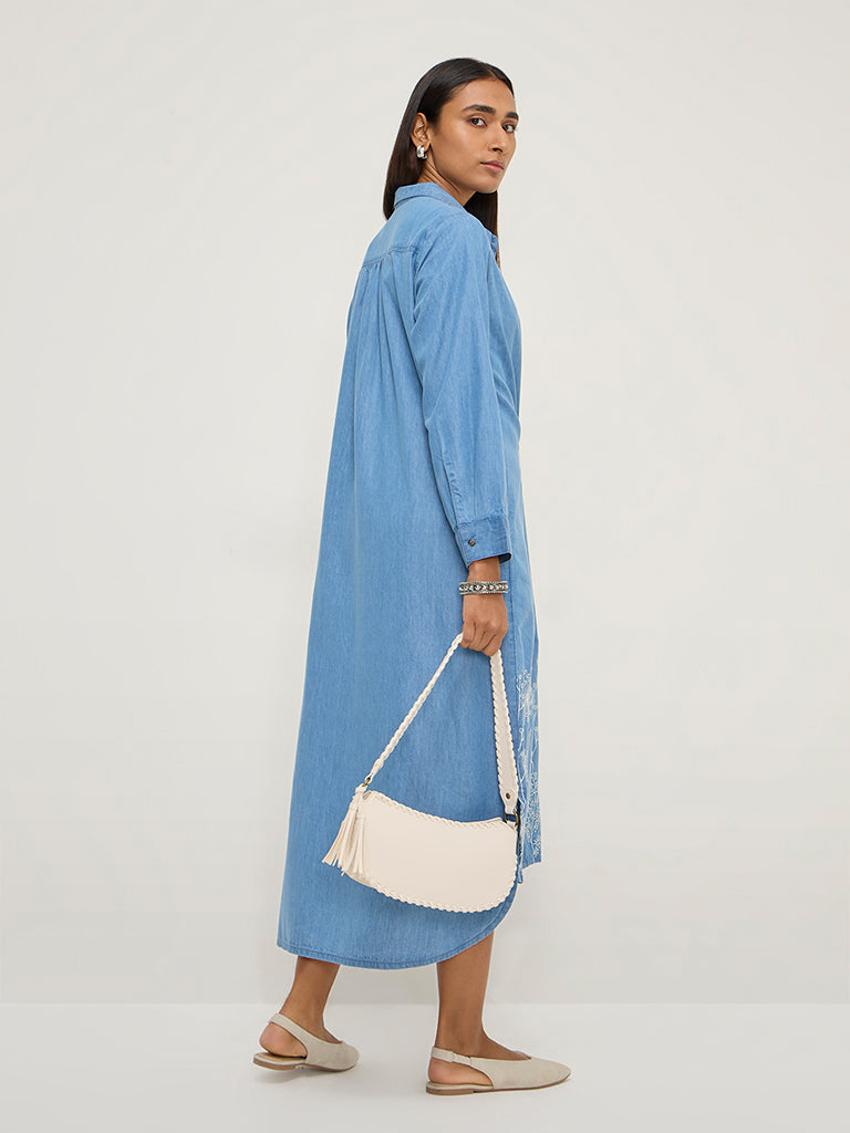Utsa Blue Floral Embroidered Denim Shirt Dress - Image 4