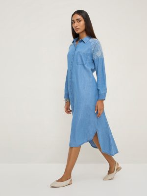 Utsa Blue Embroidered High-Low Denim Shirt Dress