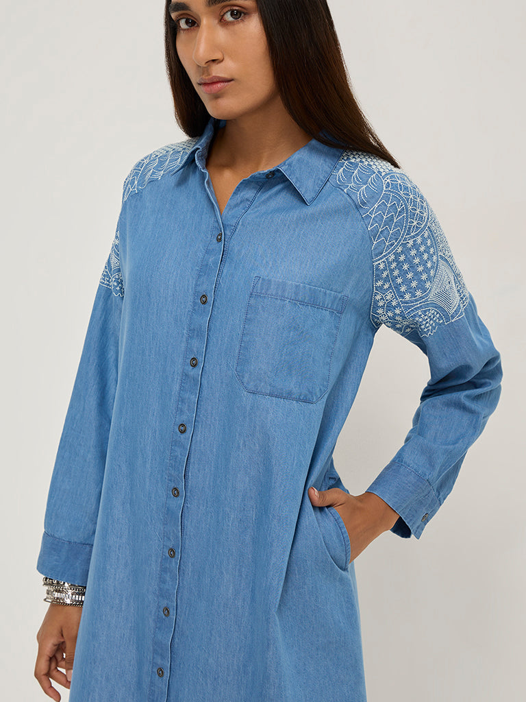 Utsa Blue Embroidered High-Low Denim Shirt Dress - Image 2