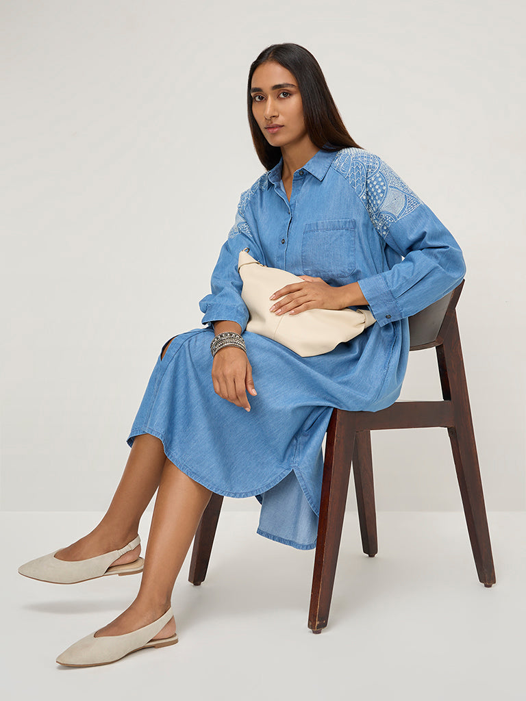 Utsa Blue Embroidered High-Low Denim Shirt Dress - Image 3
