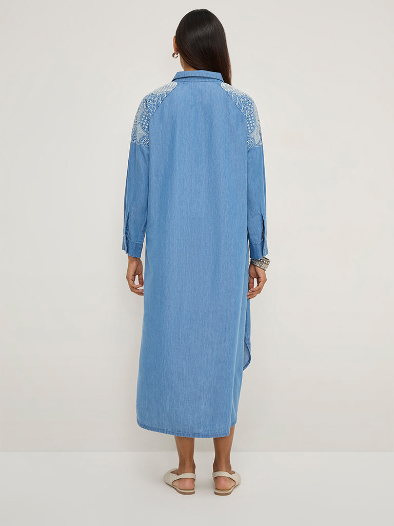 Utsa Blue Embroidered High-Low Denim Shirt Dress - Image 4