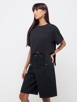 Nuon Black Cut-Out Design Cotton-Blend T-Shirt