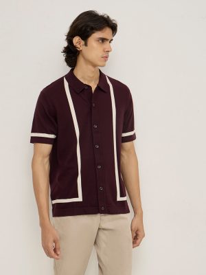 Ascot Wine Knit-Textured Relaxed-Fit Cotton-Blend Shirt