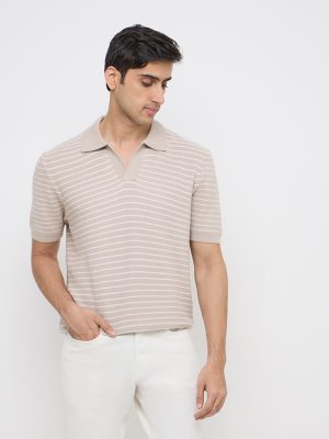 Ascot Beige Striped Relaxed-Fit Polo T-Shirt