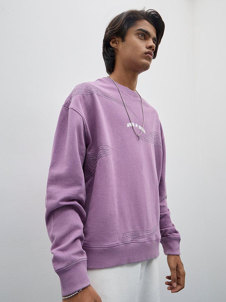Nuon Purple Embroidered Relaxed-Fit Cotton Sweatshirt