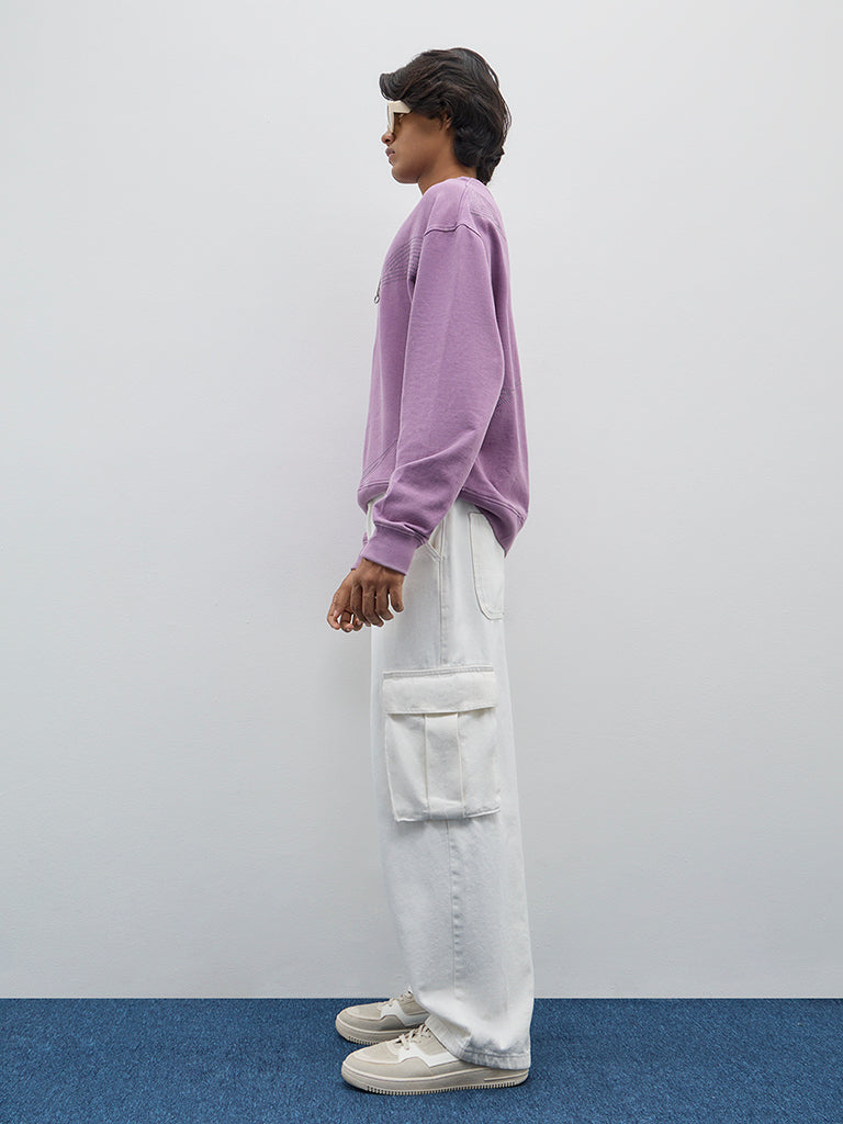 Nuon Purple Embroidered Relaxed-Fit Cotton Sweatshirt - Image 3